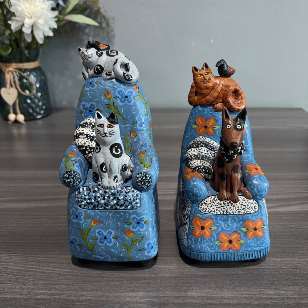 Whimsical Folk Art Cat and Dog Armchair Figurines Set of 2 Hand Painted Blue
